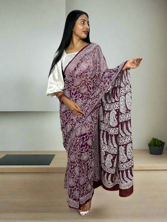 Lucknowi Chikankari Wine Georgette Saree (With Blouse)-PF100005