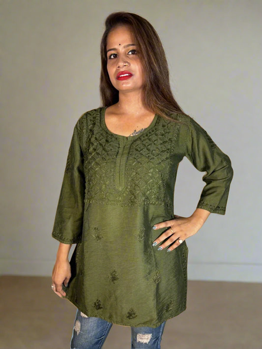 Lucknowi Chikankari Mahendi Green Chanderi Short Kurti-T000001