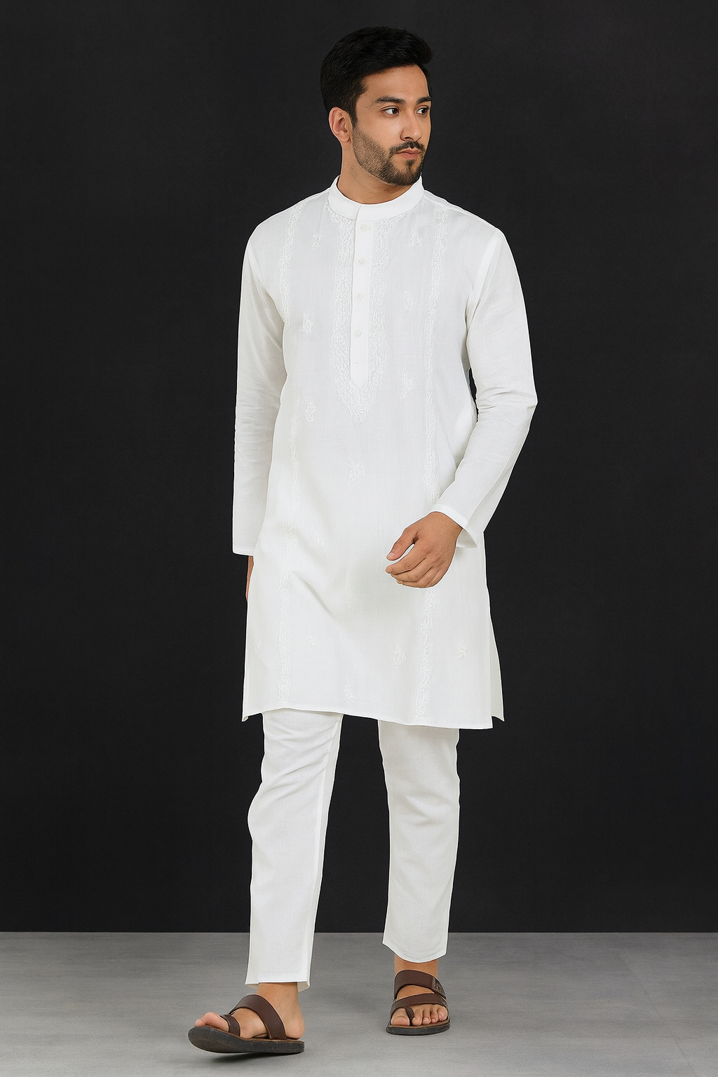 Lucknowi Chikankari White 'Ujaala' Cotton Gents Kurta-GK00014