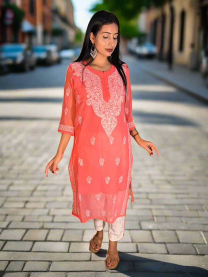 Lucknowi Chikankari Coral Georgette Kurti-K000062