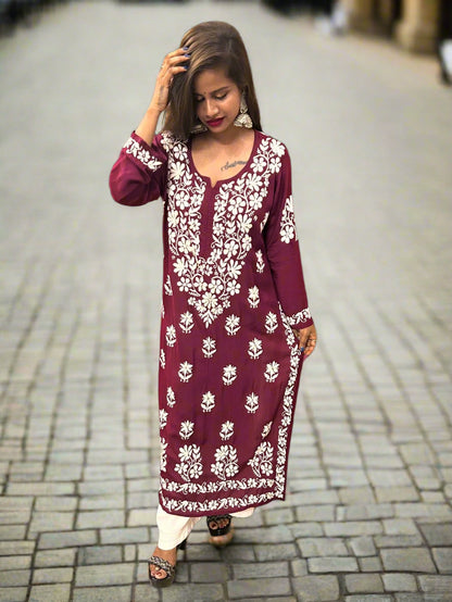 Lucknowi Chikankari Wine Modal Kurti-K000122