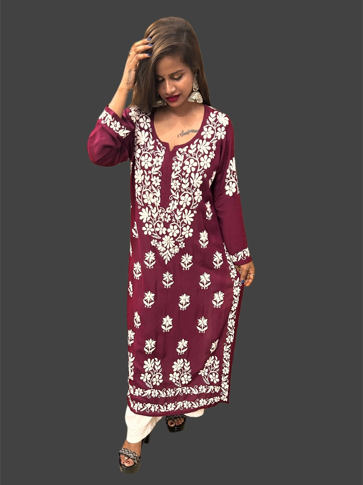 Lucknowi Chikankari Women's Wine 'Jamuni' Modal Kurta