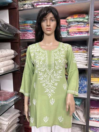 Lucknowi Chikankari Green 'Bahar' Rayon Short Kurti-T000071