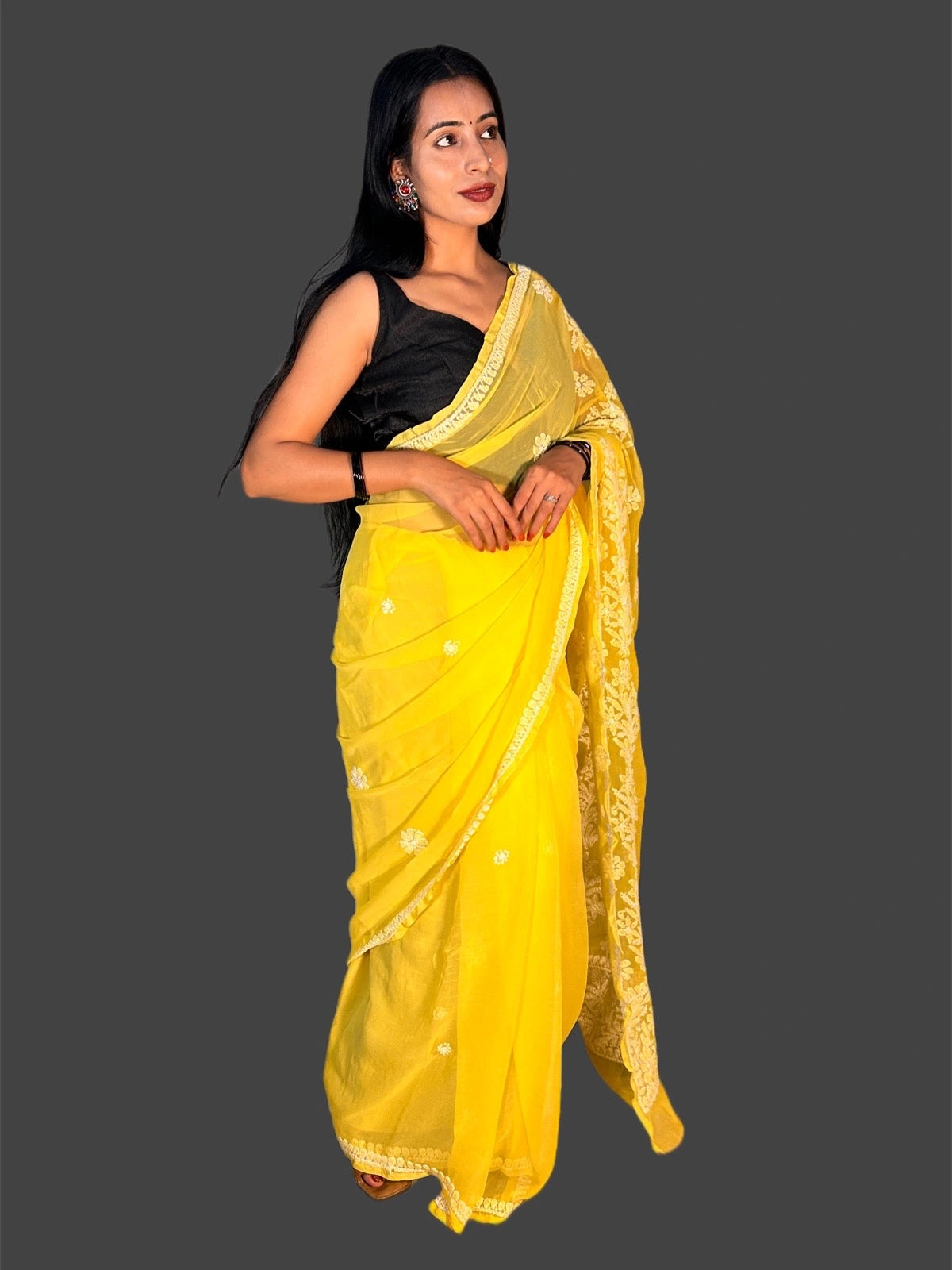 Lucknowi Chikankari Yellow Georgette Saree (With Blouse)-S00009