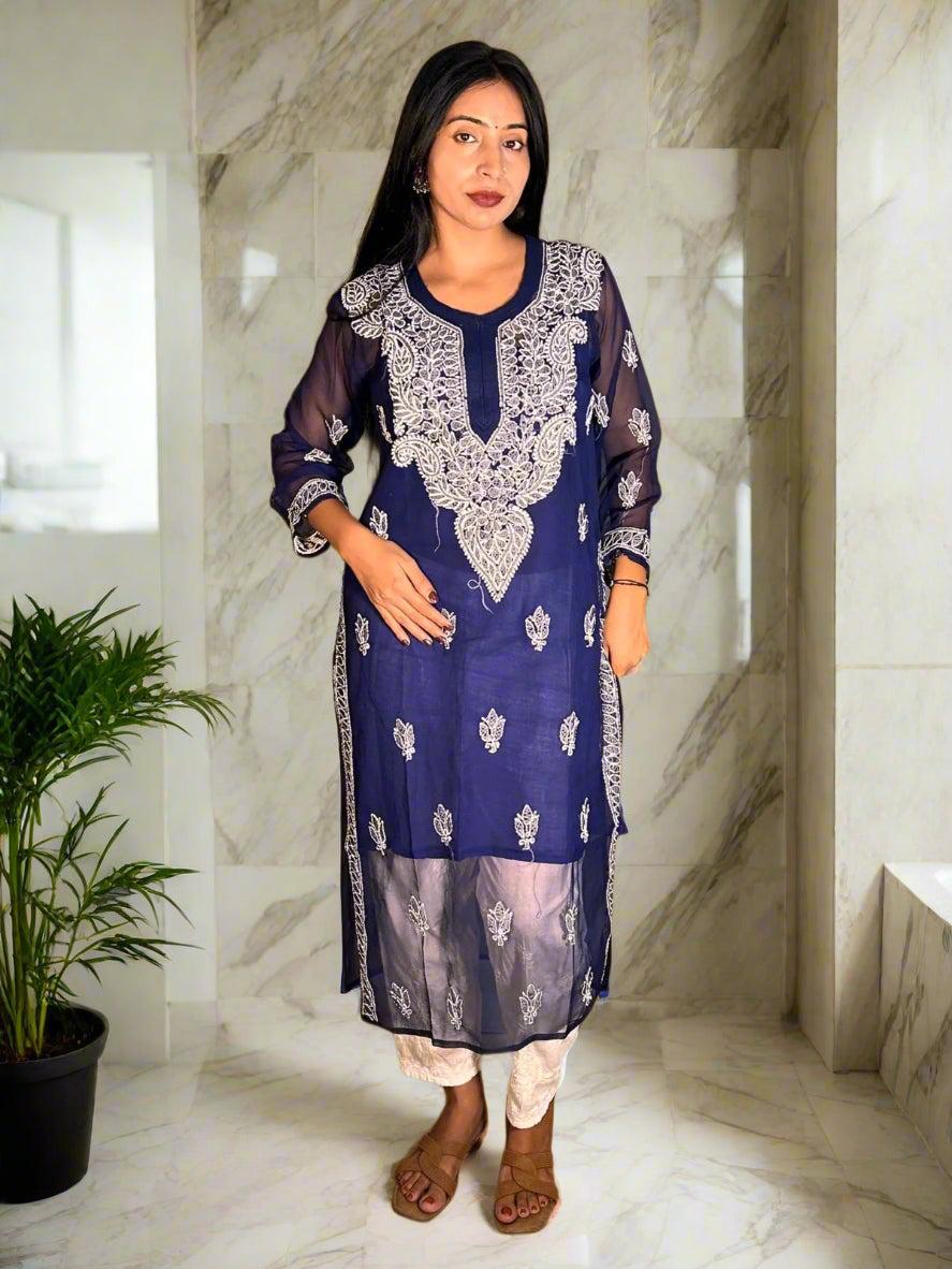 Lucknowi Chikankari Navy Blue Georgette Kurti-K000060