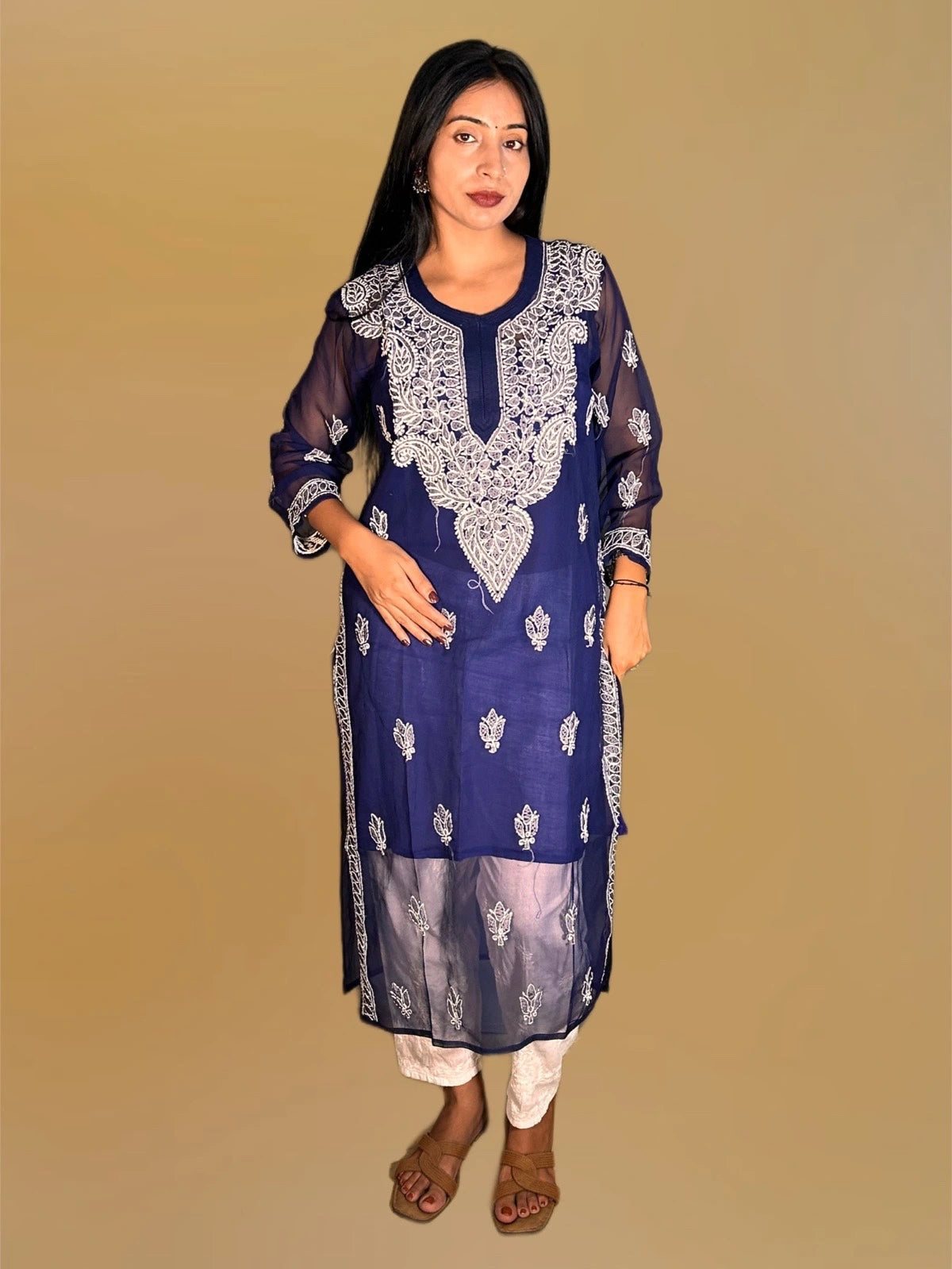 Lucknowi Chikankari Navy Blue 'Aab-e-Asmaan' Georgette Kurti-K000060