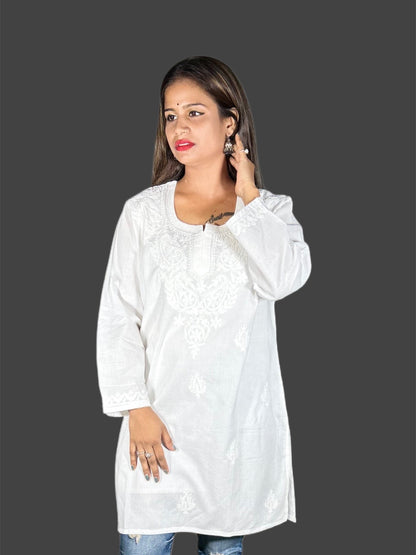 Lucknowi Chikankari White 'Ujala' Cotton Short Kurti-T000011