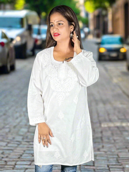 Lucknowi Chikankari White Cotton Short Kurti-T000011