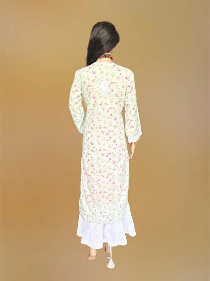 Lucknowi Chikankari Light Green Printed Cotton Kurti-K000085