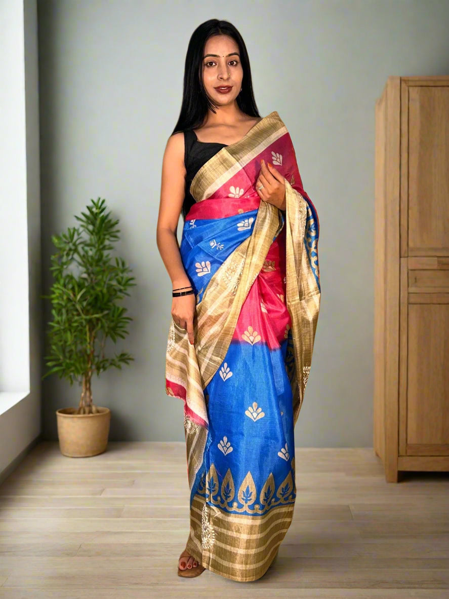 Lucknowi Chikankari Blue Printed Faux Silk Saree-PF100002