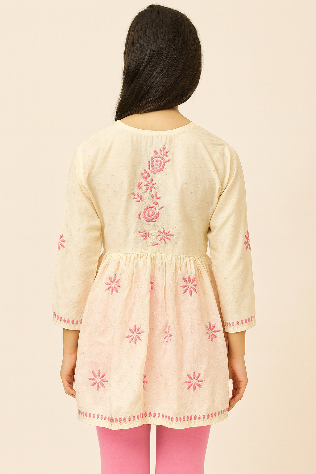 Lucknowi Chikankari Fawn Chanderi Angrakha Styled Short Kurti-T50021