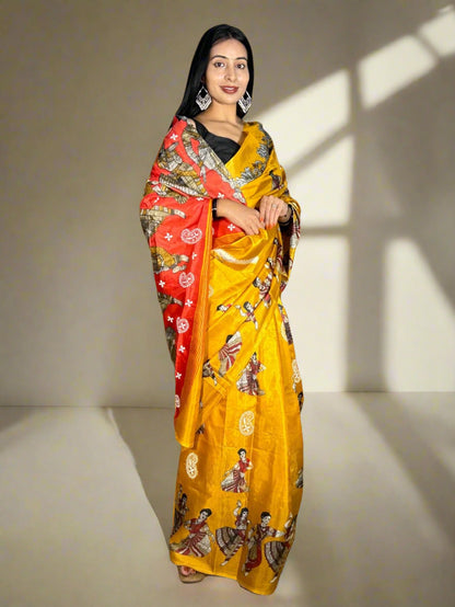 Lucknowi Chikankari Mustard Yellow Printed Faux Silk Saree-PF100001