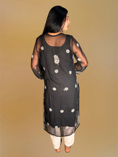 Lucknowi Chikankari Black Georgette Kurti-K000053