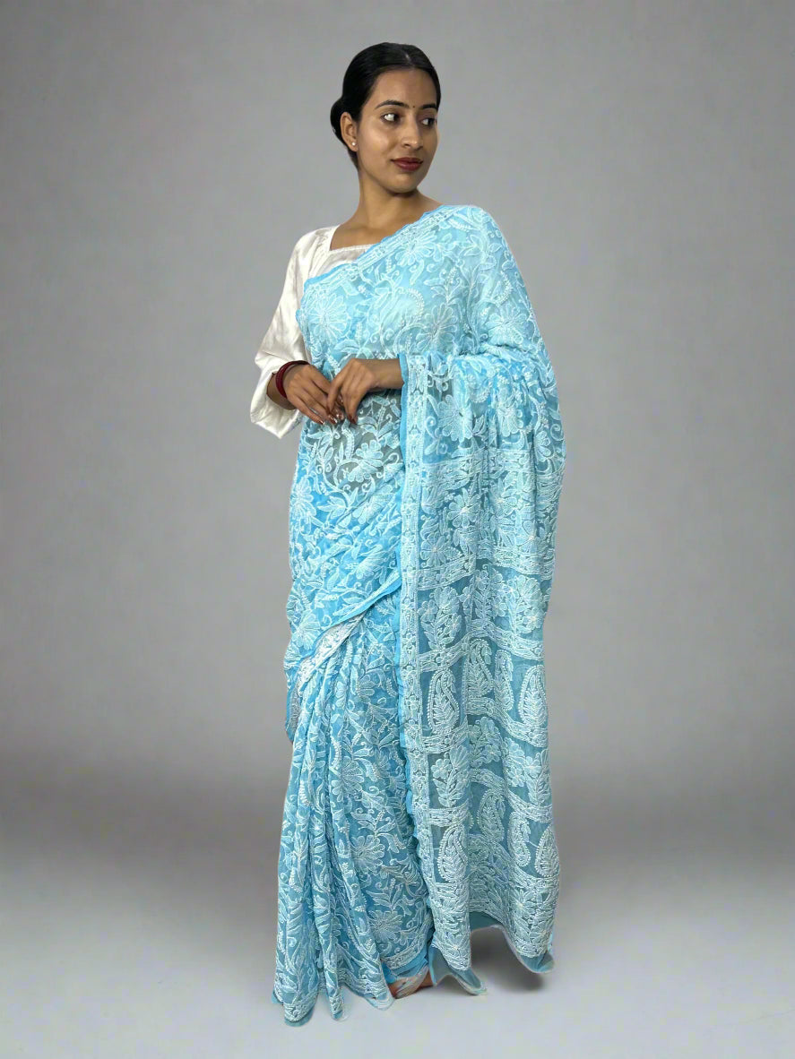 Lucknowi Chikankari Sky Blue Georgette Saree (With Blouse)-PF100008