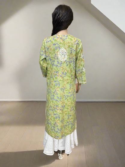Lucknowi Chikankari Green Printed Cotton Kurti-K000177