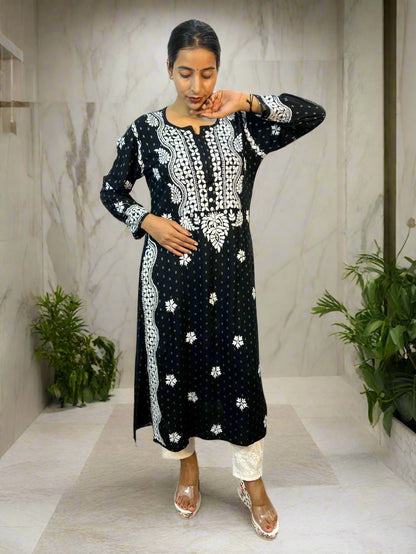 Lucknowi Chikankari Black Rayon Kurti-K000088