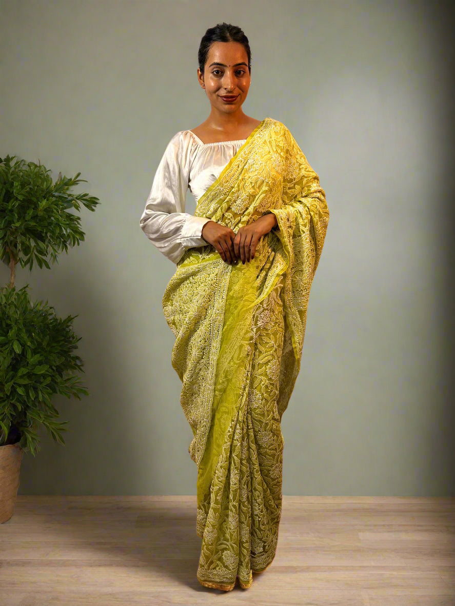 Lucknowi Chikankari Yellow Georgette Saree (With Blouse)-PF100010