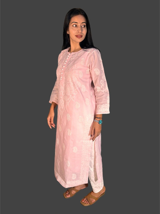 Lucknowi Chikankari Pink Cotton Kurti-K000050