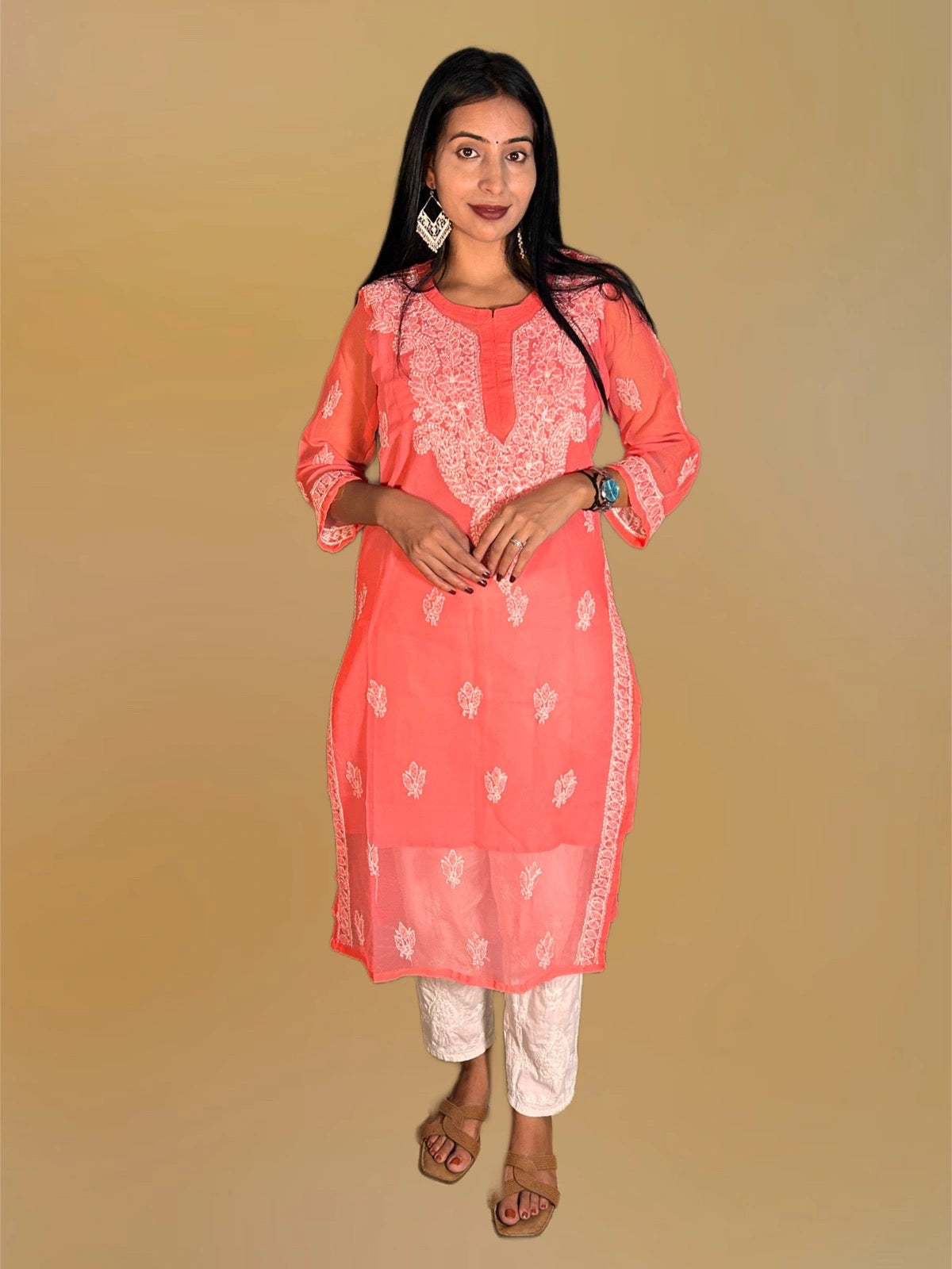 Lucknowi Chikankari Coral Pink 'Shagufta' Georgette Kurti-K000062