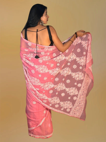 Lucknowi Chikankari Pink Georgette Saree (With Blouse)-S00010