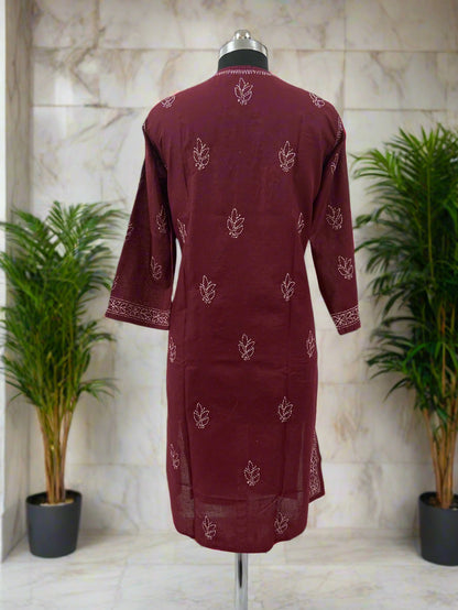 Lucknowi Chikankari Plus Size Maroon Cotton Kurti-Pl100001