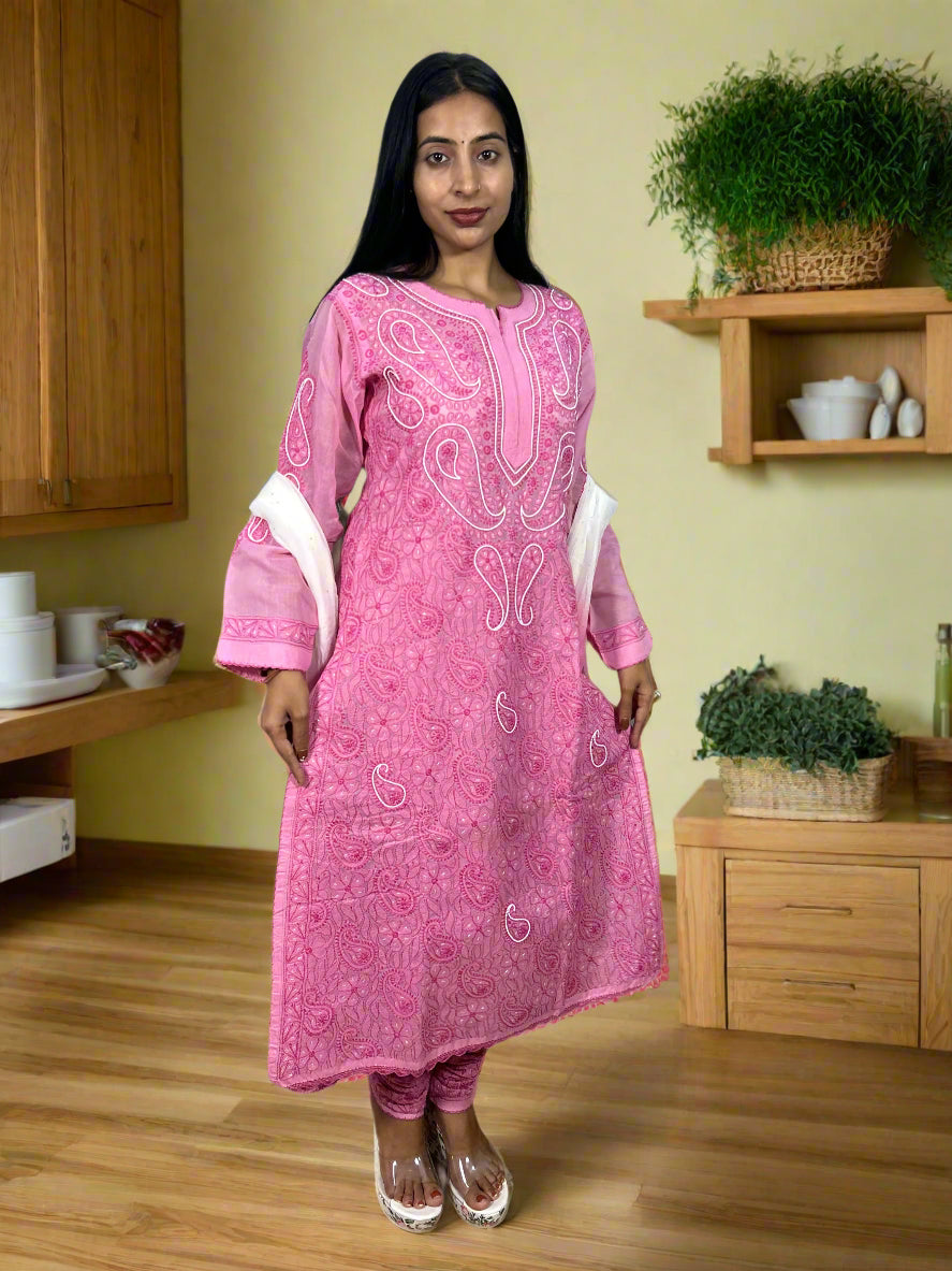 Lucknowi Chikankari Pink Cotton 3 Piece Kurta-Chudidar Pyjama-Dupatta Set-PJ00006