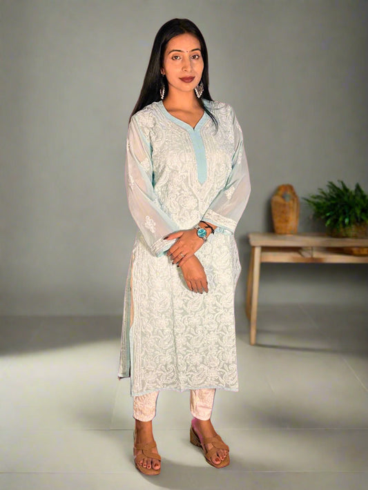 Lucknowi Chikankari Sky Blue Georgette Kurti-K000031