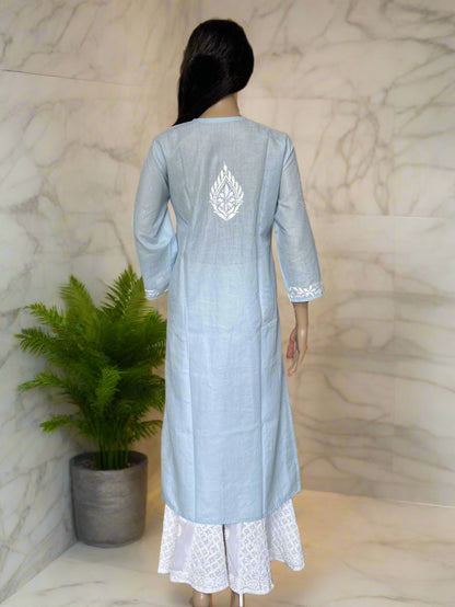 Lucknowi Chikankari Sky Blue Cotton Kurti-K000103