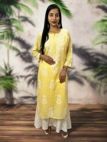 Lucknowi Chikankari Yellow Cotton Kurti-K000107