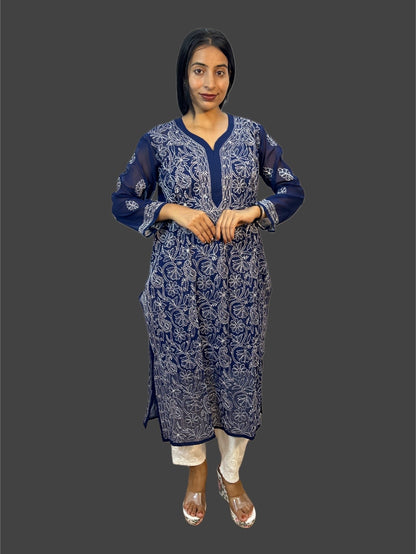 Lucknowi Chikankari Navy Blue Georgette Kurti-K000035