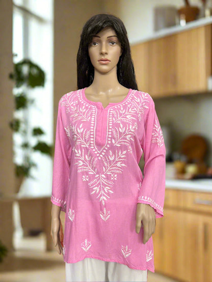 Lucknowi Chikankari Pink Rayon Short Kurti-T000067