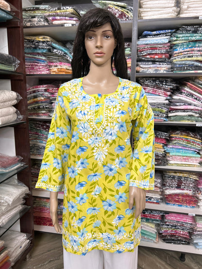 Lucknowi Chikankari Yellow 'Sunehri' Printed Cotton Short Kurti-T50019