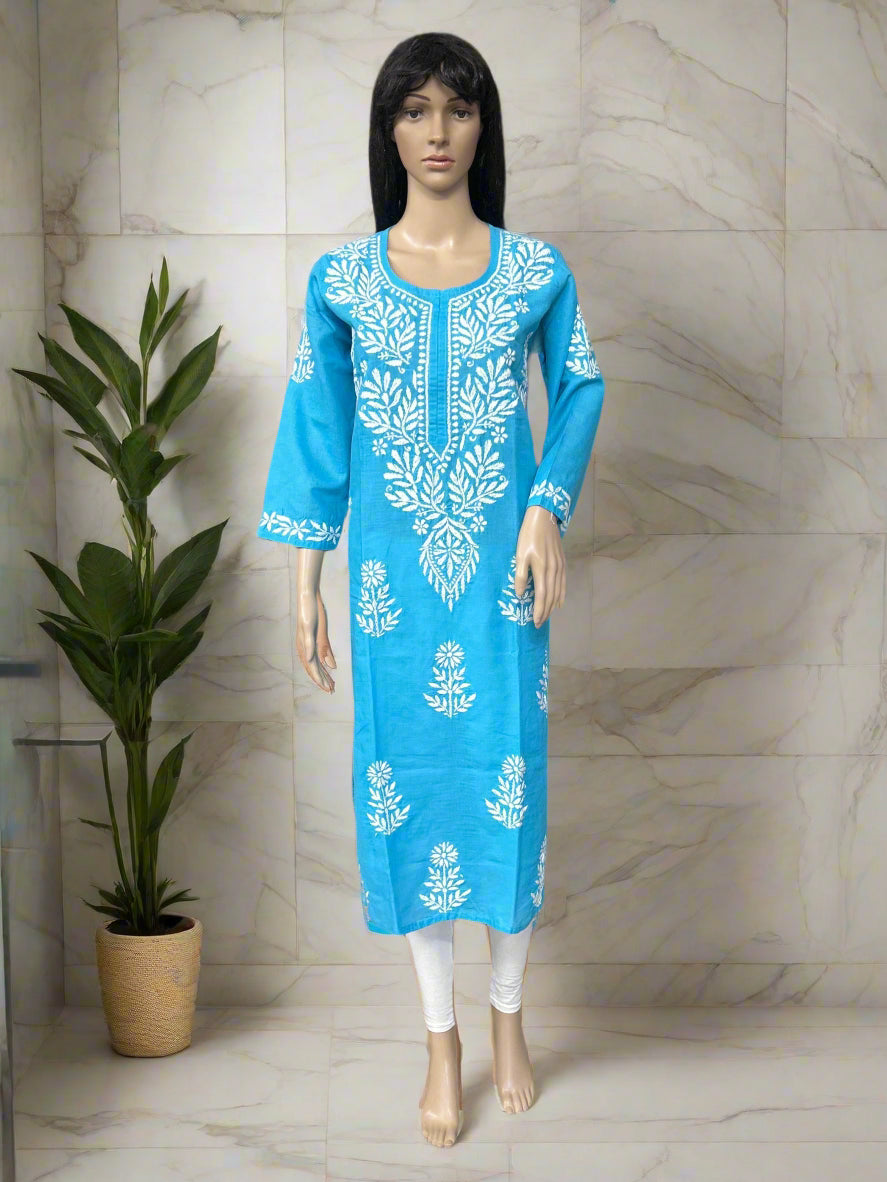 Lucknowi Chikankari Blue Cotton Kurti-K000112