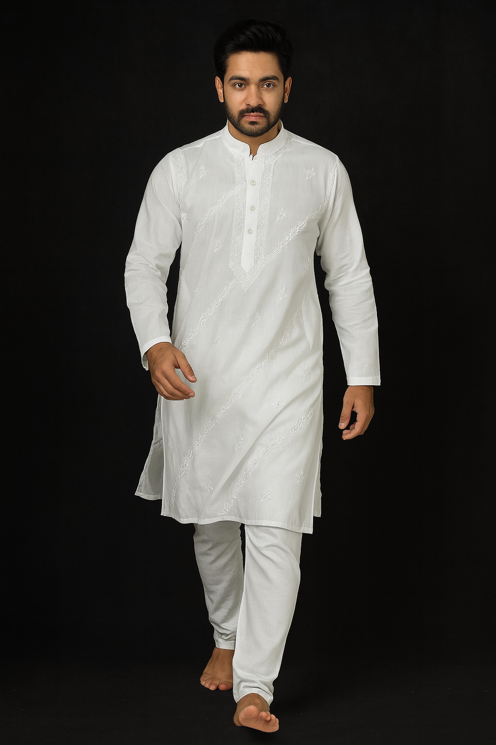 Lucknowi Chikankari White 'Ujaala' Cotton Gents Kurta-GK50002