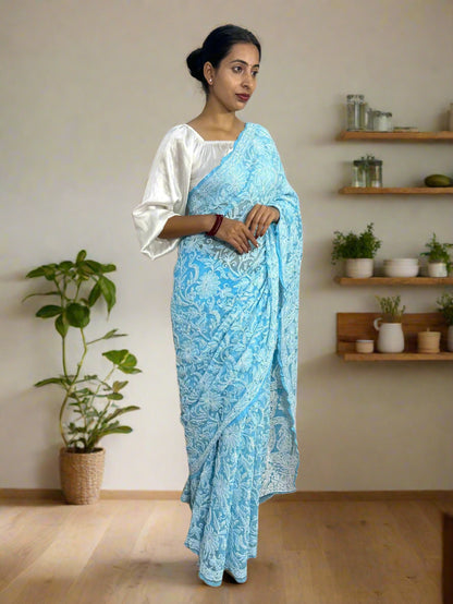 Lucknowi Chikankari Sky Blue Georgette Saree (With Blouse)-PF100008