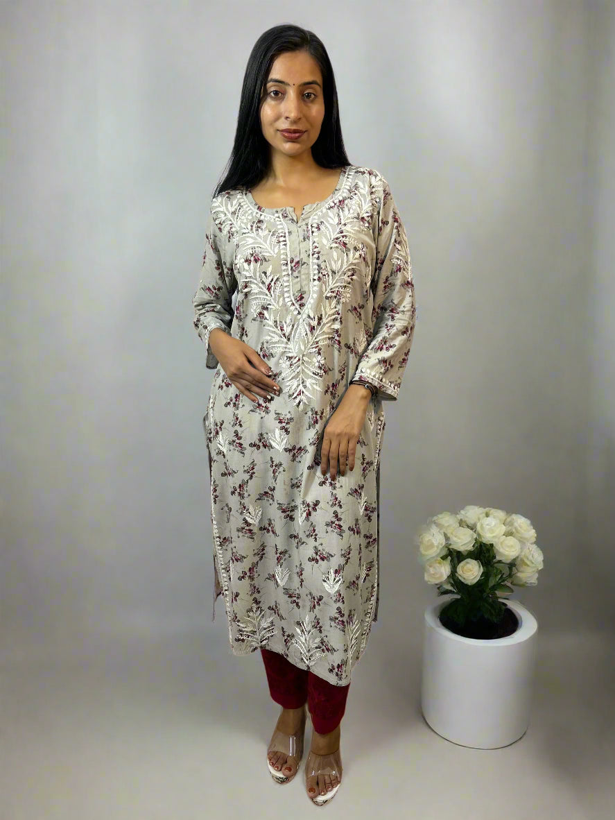 Lucknowi Chikankari Grey Printed Cotton Kurti-K000077