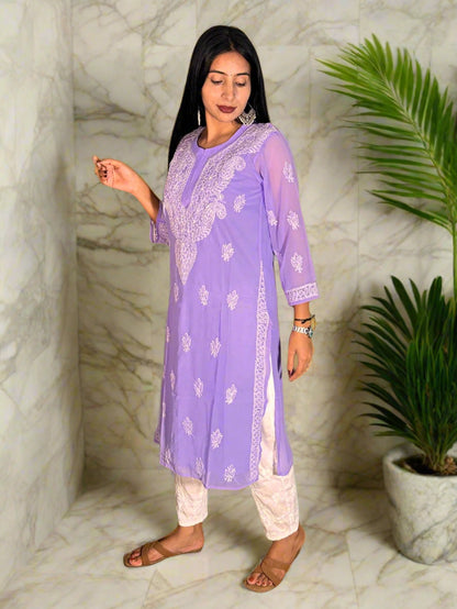 Lucknowi Chikankari Purple Georgette Kurti-K000064