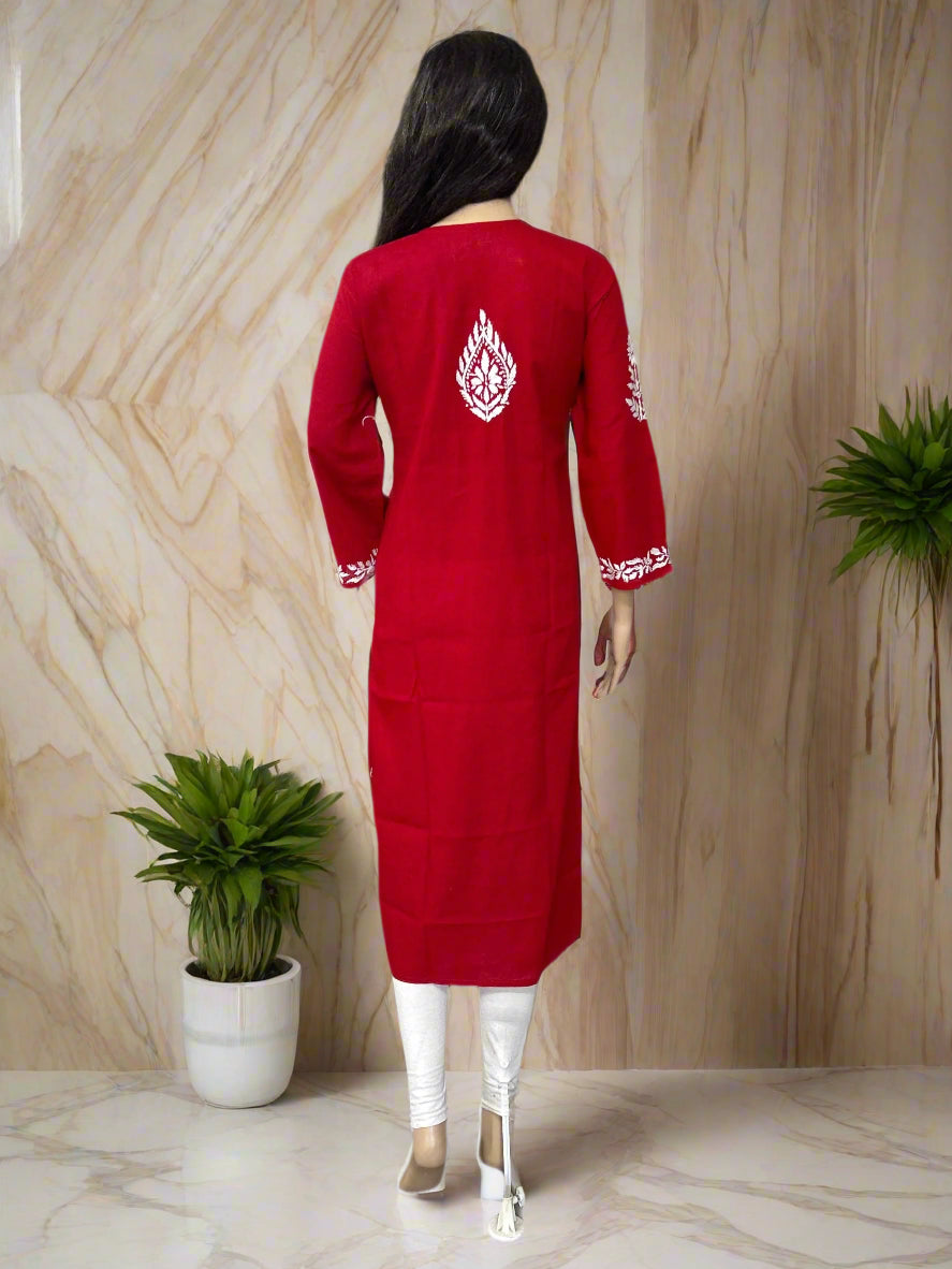 Lucknowi Chikankari Red Cotton Kurti-K000111