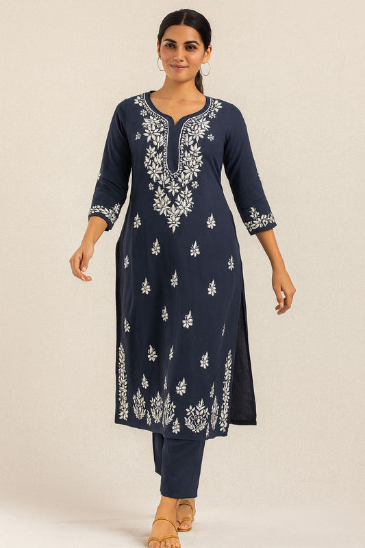 Lucknowi Chikankari Navy Blue 'Aab-e-Asmaan' Modal Kurti-K000186