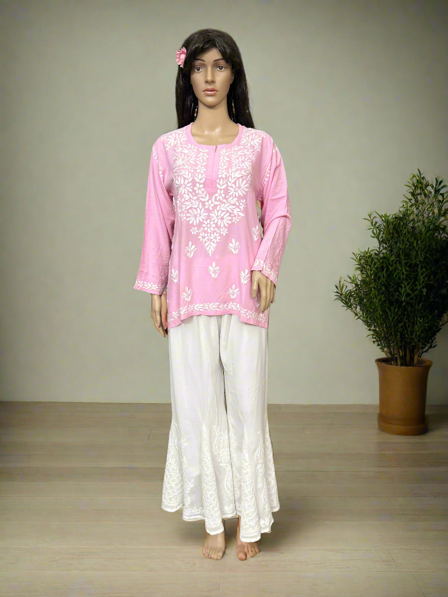 Lucknowi Chikankari Pink Rayon Short Kurti-T000074