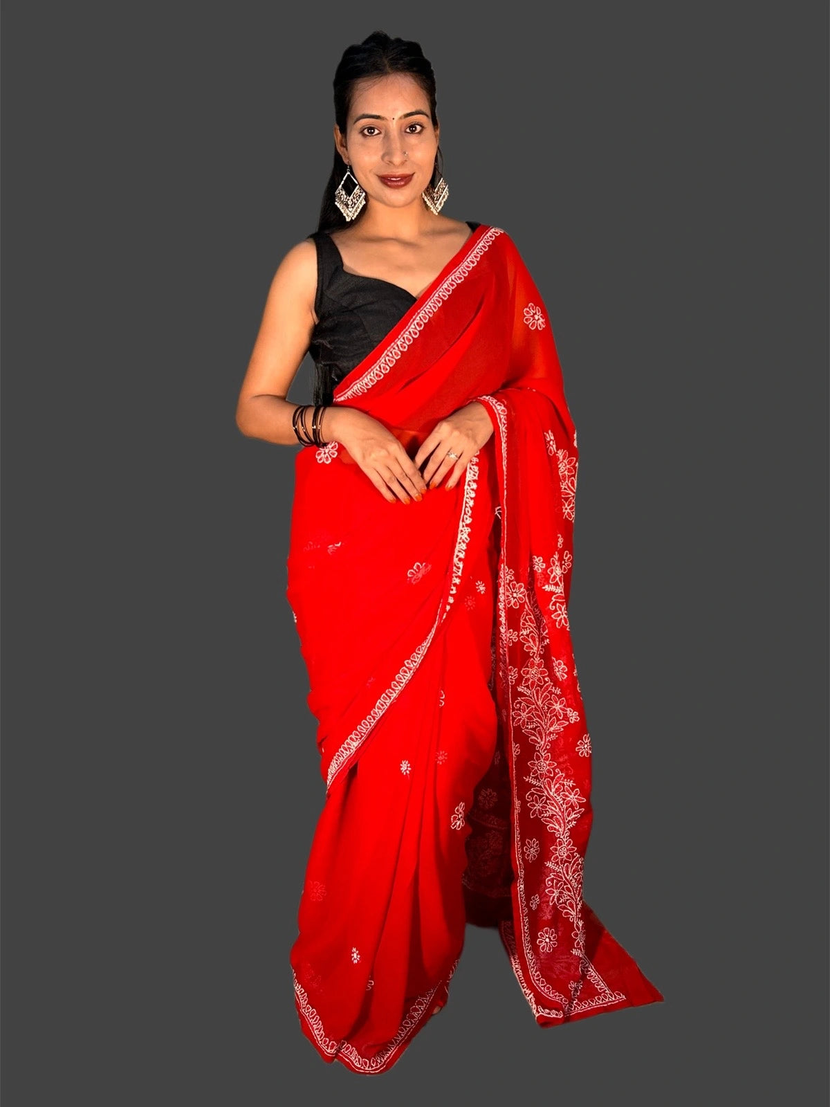 Lucknowi Chikankari Red Georgette Saree (With Blouse)-S00001