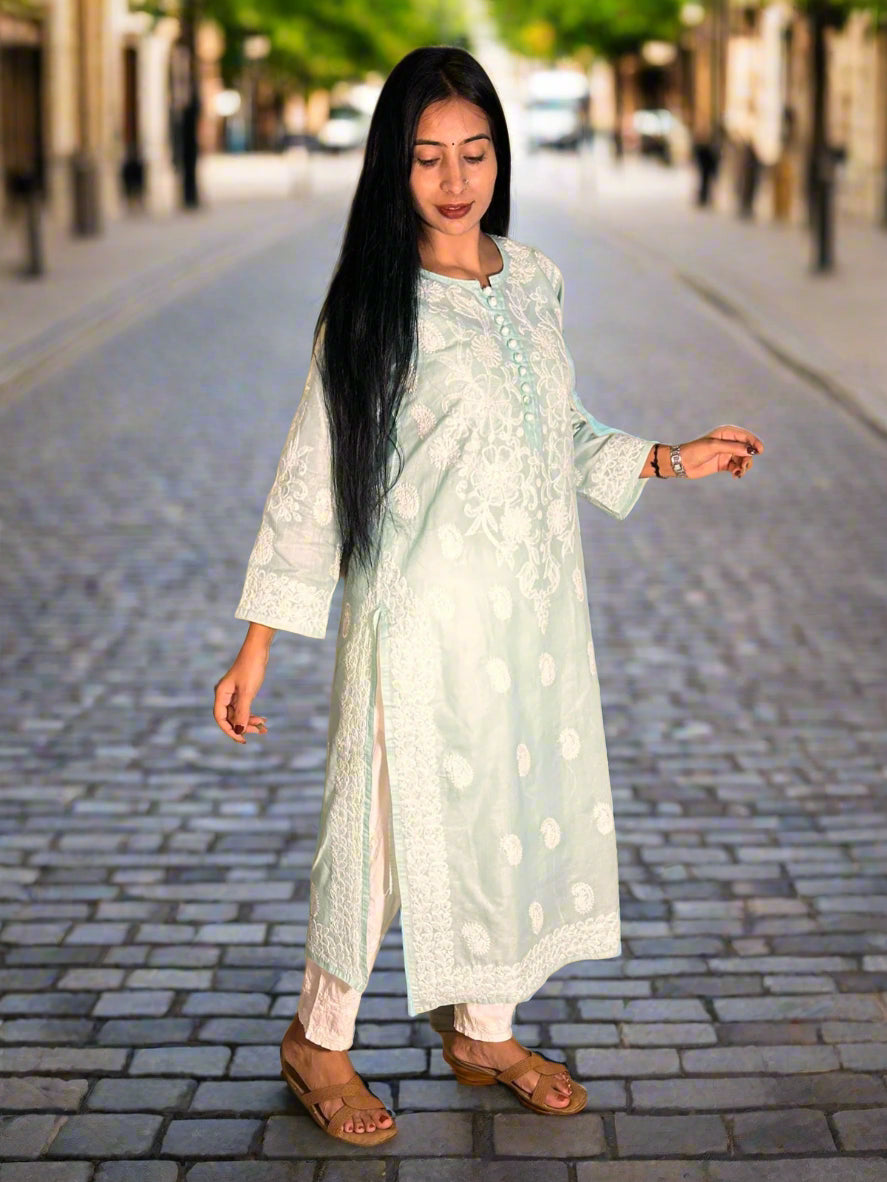 Lucknowi Chikankari Green Cotton Kurti-K000057