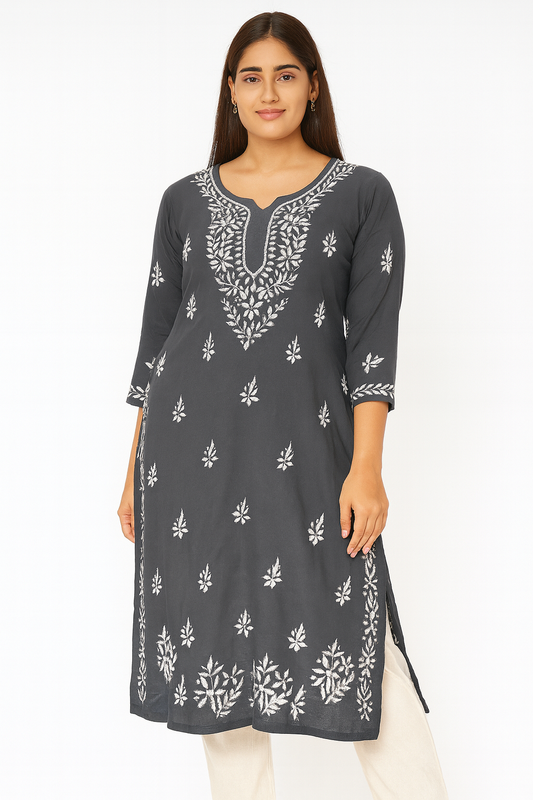 Lucknowi Chikankari Grey 'Dhoondhla' Modal Kurti-K000187