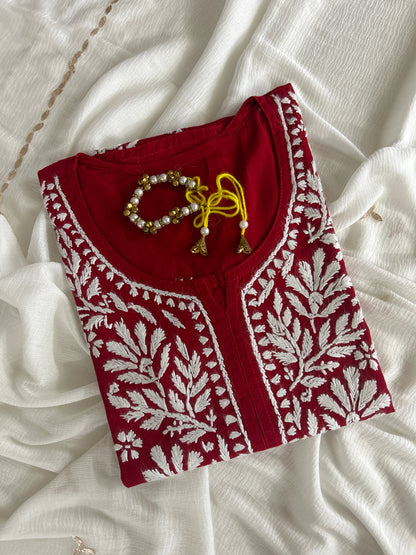 Lucknowi Chikankari Red Cotton Kurti-K000111