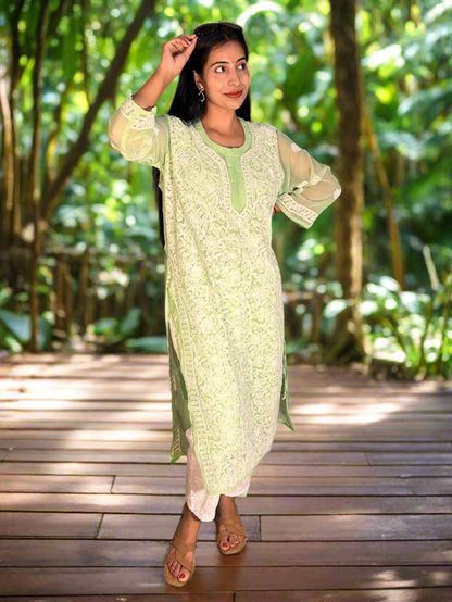 Lucknowi Chikankari Light Green Georgette Kurti-K000068