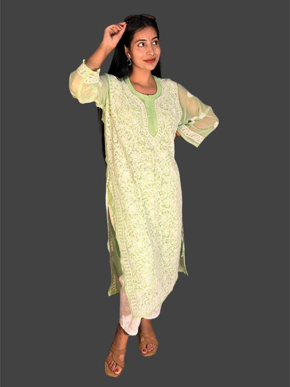 Lucknowi Chikankari Light Green 'Bahar' Georgette Kurti-K000068