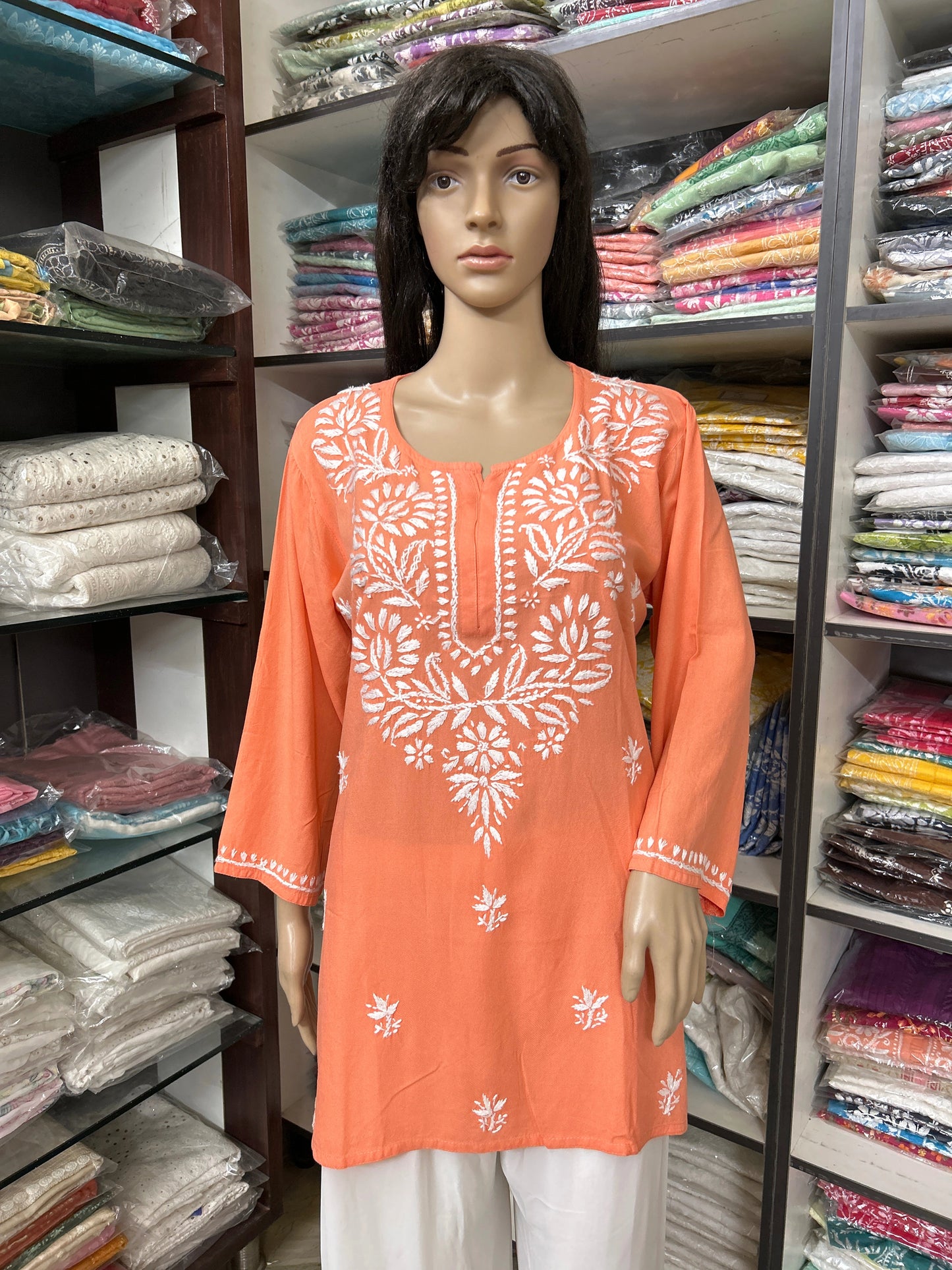 Lucknowi Chikankari Peach 'Aarooi' Rayon Short Kurti-T000075