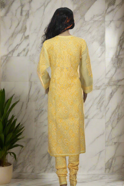 Lucknowi Chikankari Yellow Cotton 3 Piece Kurta-Chudidar Pyjama-Dupatta Set-PJ00007