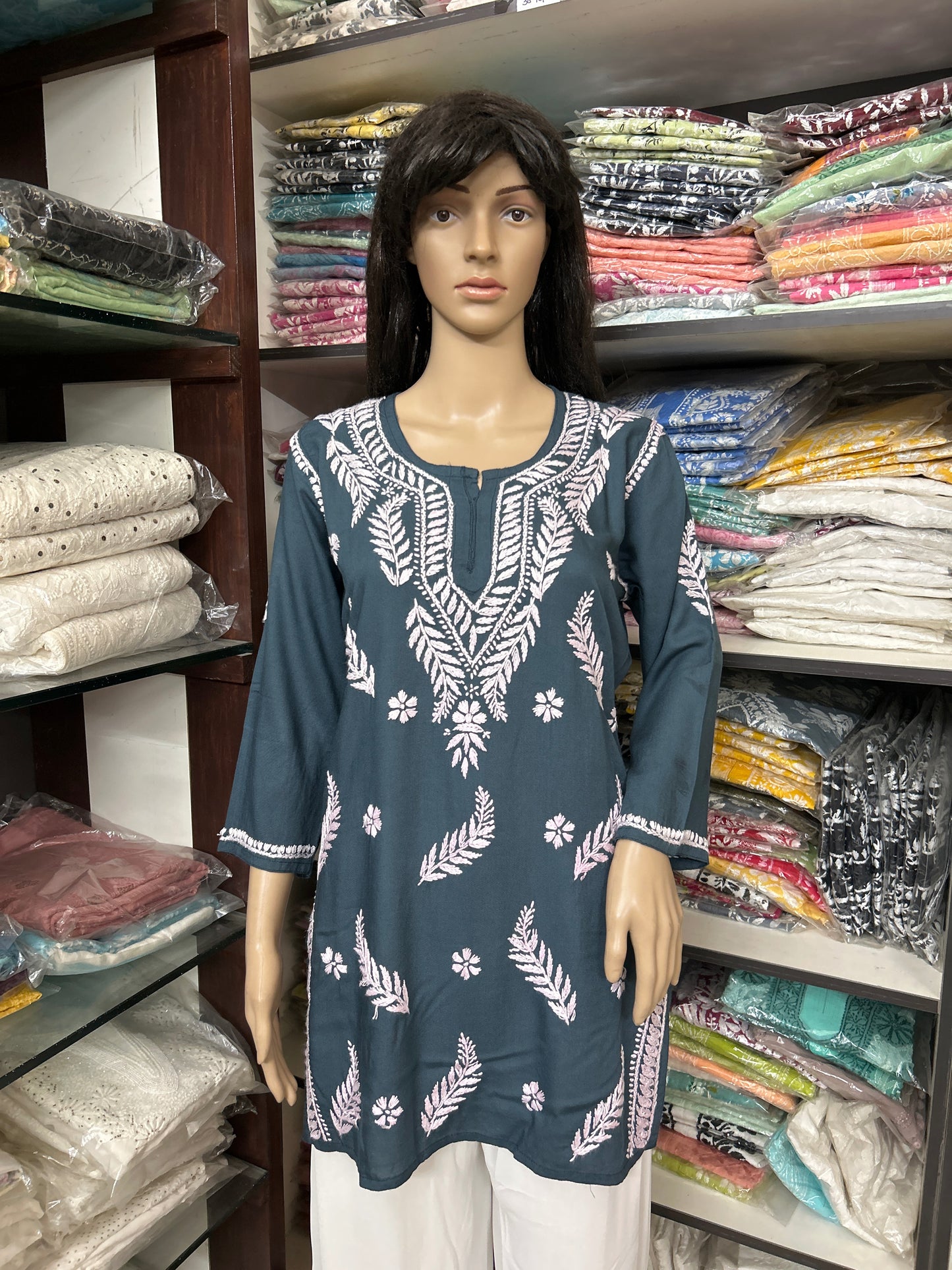 Lucknowi Chikankari Grey 'Dhoondhla' Rayon Short Kurti-T30020
