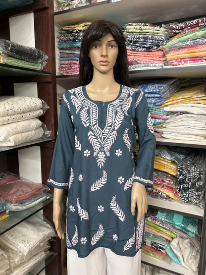 Lucknowi Chikankari Grey 'Dhoondhla' Rayon Short Kurti-T30020